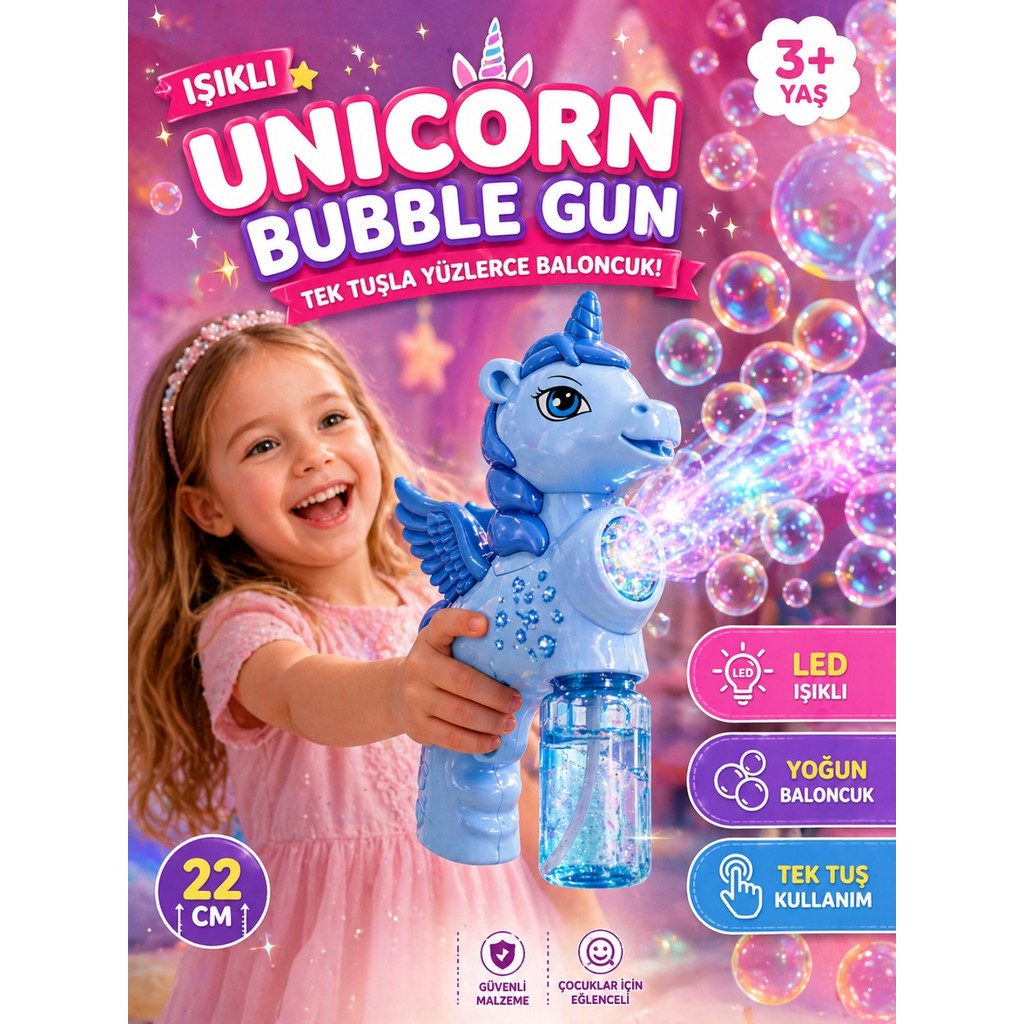 Yıldırım Oyuncak Pilli Işıklı Unicorn Bubble Gun 22CM Baloncuk Tabancası – Tek Tuş, Yoğun Baloncuk Köpüğü, Çocuk Oyuncağı - Mavi - Açık Mavi Anne Bebek Oyuncak Fiyatı
