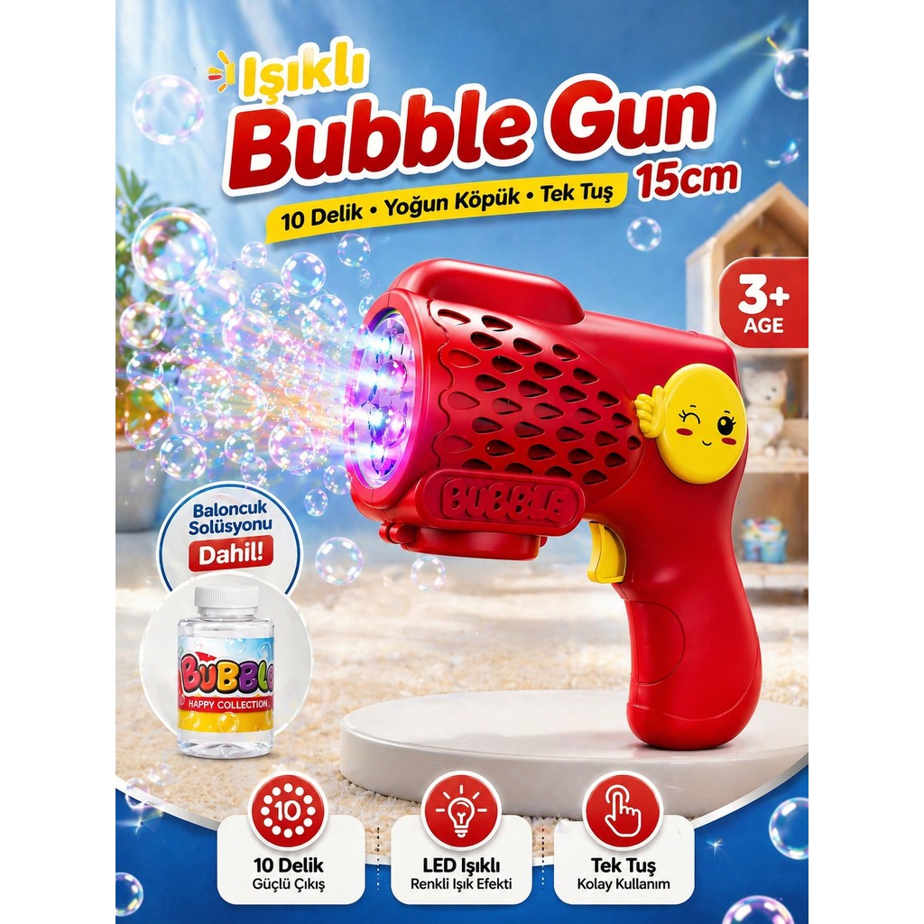 Yıldırım Oyuncak Pilli LED Işıklı Bubble Gun 15CM Baloncuk Tabancası – 10 Delik Yoğun Köpük, Tek Tuş, Çocuk Oyuncağı - Kırmızı - Sarı Anne Bebek Oyuncak Fiyatı