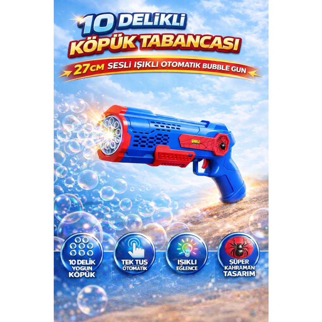Yıldırım Oyuncak Sesli Işıklı Otomatik Örümcek Adam Köpük Tabancası 27CM – Pilli 10 Delikli Spderman Bubble Gun - Kırmızı - Mavi Anne Bebek Oyuncak Fiyatı