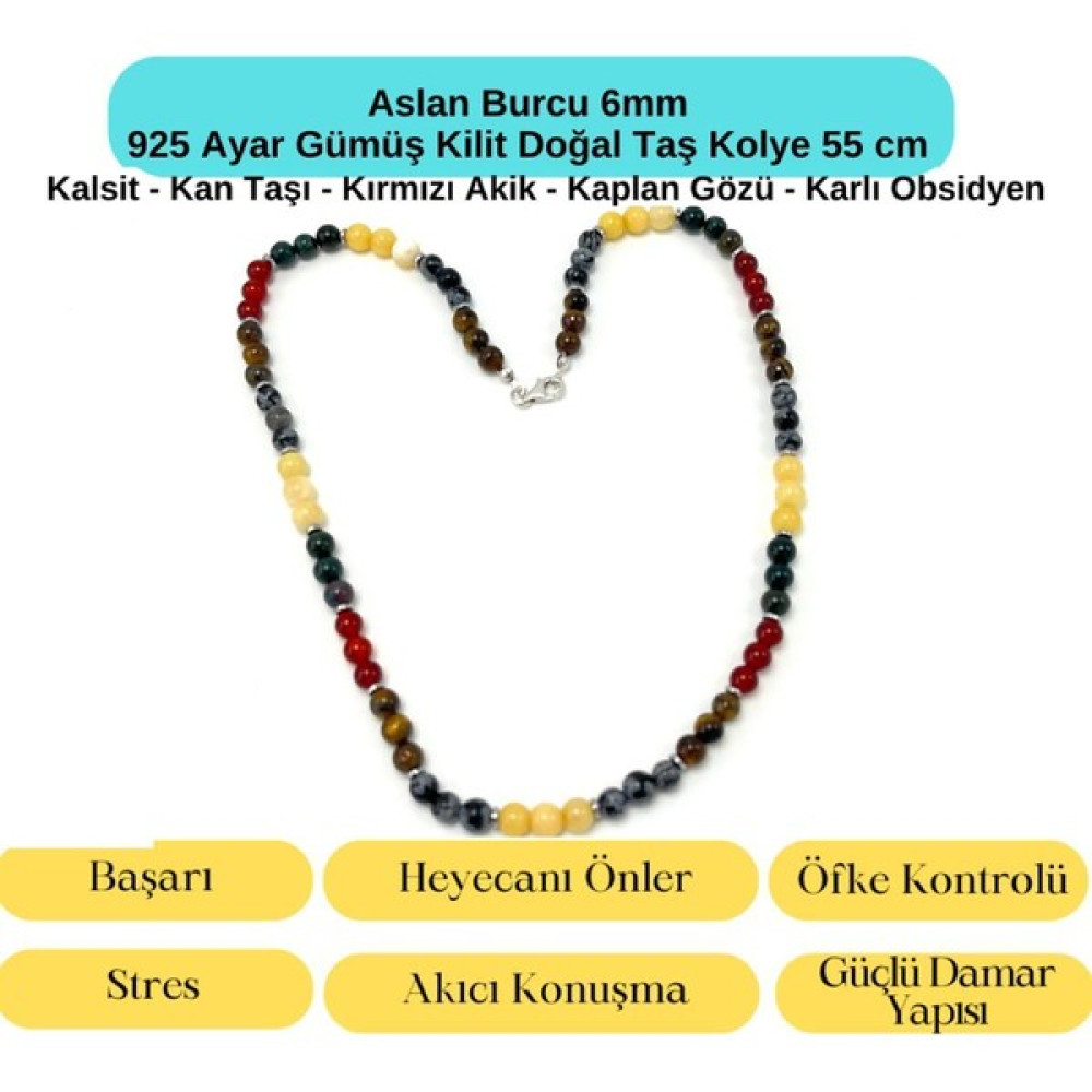 Yıldız Doğal Taş Sertifikalı Aslan Burcu 6mm 925 Ayar Gümüş Doğal Taş Kolye 55 cm Gümüş Kolye Fiyatı
