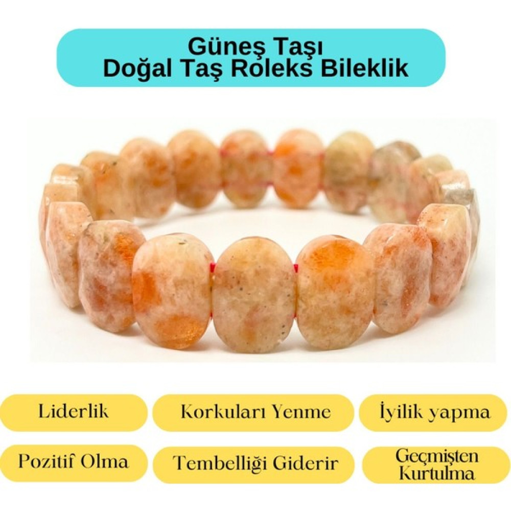 Yıldız Doğal Taş Sertifikalı Güneş Taşı Doğal Taş Roleks Bileklik - 17 cm - Turuncu Saat ve Bileklik Aksesuarı Fiyatı