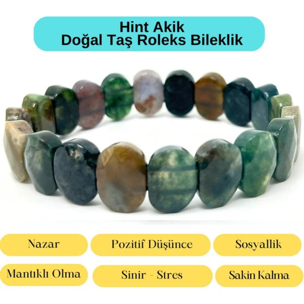 Yıldız Doğal Taş Sertifikalı Hint Akik Doğal Taş Roleks Bileklik - 21 cm - Yeşil Saat ve Bileklik Aksesuarı Fiyatı
