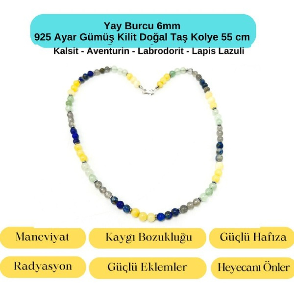 Yıldız Doğal Taş Sertifikalı Yay Burcu 6mm 925 Ayar Gümüş Doğal Taş Kolye 55 cm Gümüş Kolye Fiyatı