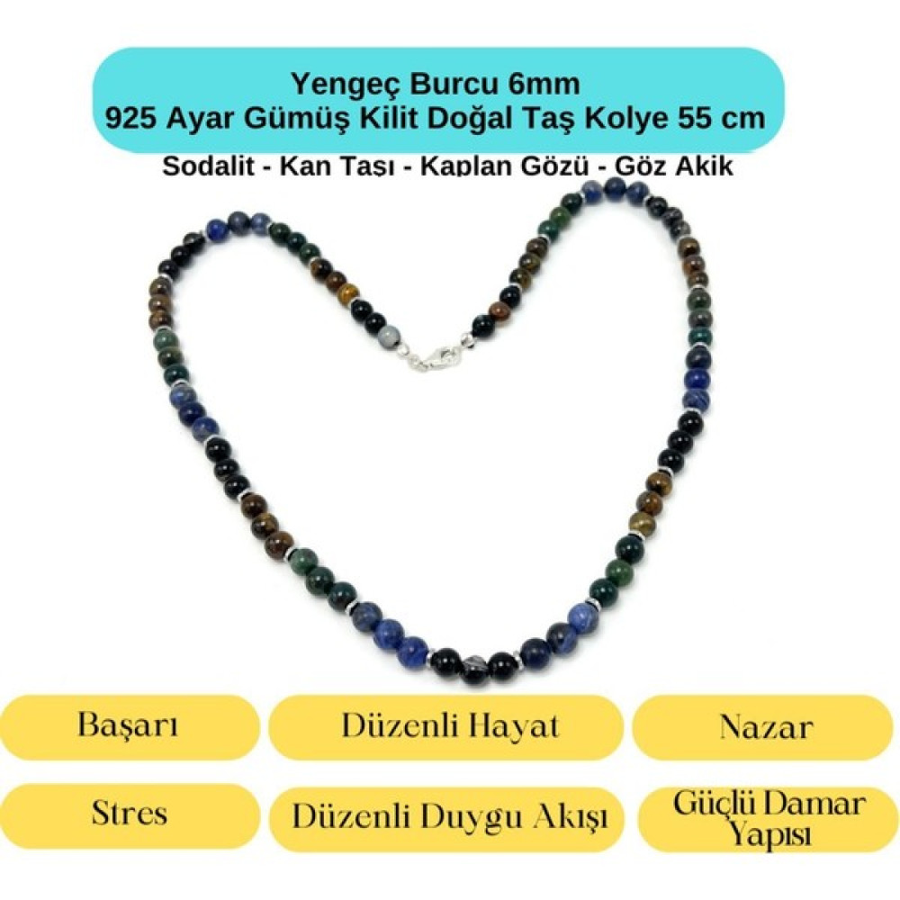 Yıldız Doğal Taş Sertifikalı Yengeç Burcu 6mm 925 Ayar Gümüş Doğal Taş Kolye 55 cm Gümüş Kolye Fiyatı