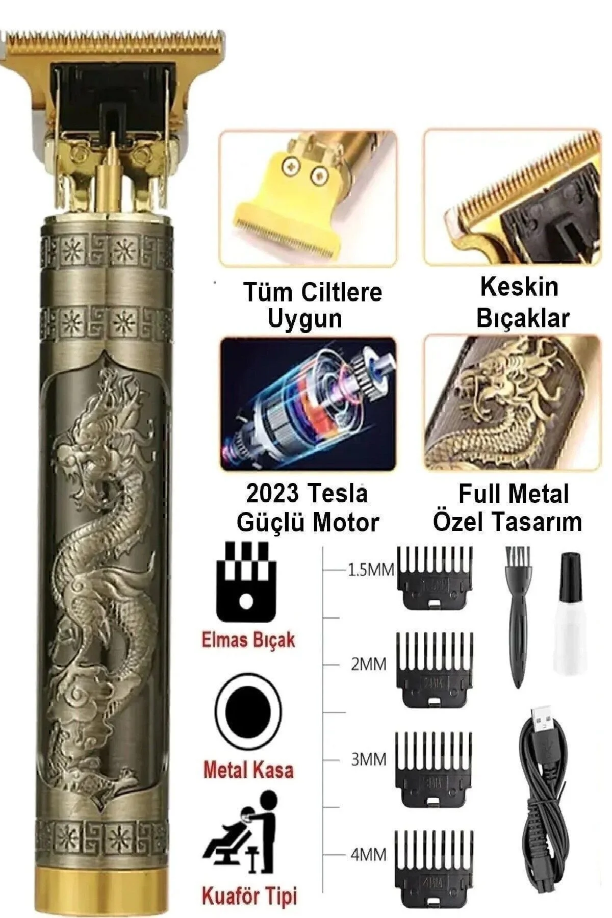 YILDIZ ELİT T Jiletli Saç Sakal Kesme Traş Makinası Şarjlı Gold Ejderha Motifli Sıfır Kesim İmkanı Traş Makinası" Tıraş Makineleri Fiyatı