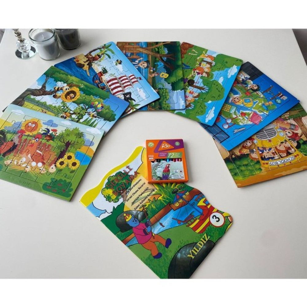 Yıldız Puzzle 7 Adet 30 Parça Küçük Boy Çocuk Egitici Arkası Boyamalı Yapboz+ 12'li Boyama Kalemi+Boyama Kitabı Eğitici Oyuncak Fiyatı