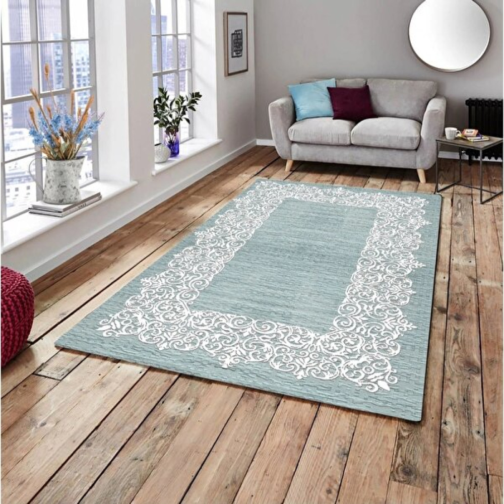 Yıldızhan Çeyiz 4m² ve 6m² Yeşil Beyaz Detaylı Süngerli Lastikli Kaymaz Dijital Baskılı Yıkanabilir Halı Örtüsü - Beyaz - Yeşil - 160 x 230 cm Salon & Oturma Odası Tekstili Fiyatı
