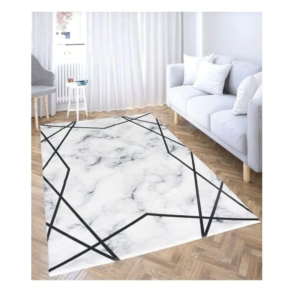 Yıldızhan Çeyiz 6m² Beyaz Siyah Çizgili Mermer Desen Süngerli Lastikli Kaydırmaz Dijital Baskılı Yıkanabilir Halı Örtüsü - 200 x 300 cm Salon & Oturma Odası Tekstili Fiyatı