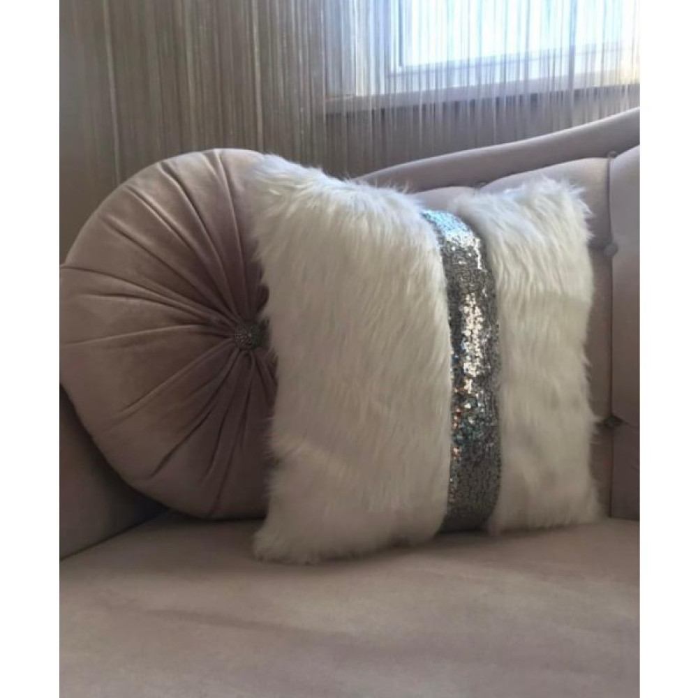Yılmaz Home Peluş Şeritli Kırlent Kılıfı - (Beyaz Peluş - Gümüş Şeritli) - 42 x 42 cm - Beyaz Kırlent / Mobilya Yastığı Fiyatı