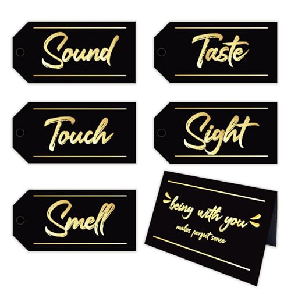 YIXAXKAO 5 Senses Gift Tags Set - Five Senses Card for Him - Anniversary, Valentine's Day, Birthday - Black with Gold Letters - 5 Tags + 1 Greeting Card