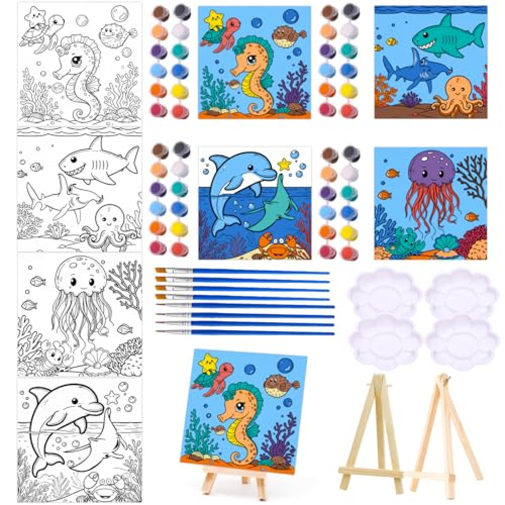 Yizeda 4 Packs 7.8x7.8 Pre Drawn Canvas Paint Set,Paint by Numbers for Kids,48 Paints 8 Brushes 2 Easels,Pre-Printed Acrylic Oil Painting Kit Ages 8-12 9-12 4-8 Pre Drawn Canvas for Painting for Kids