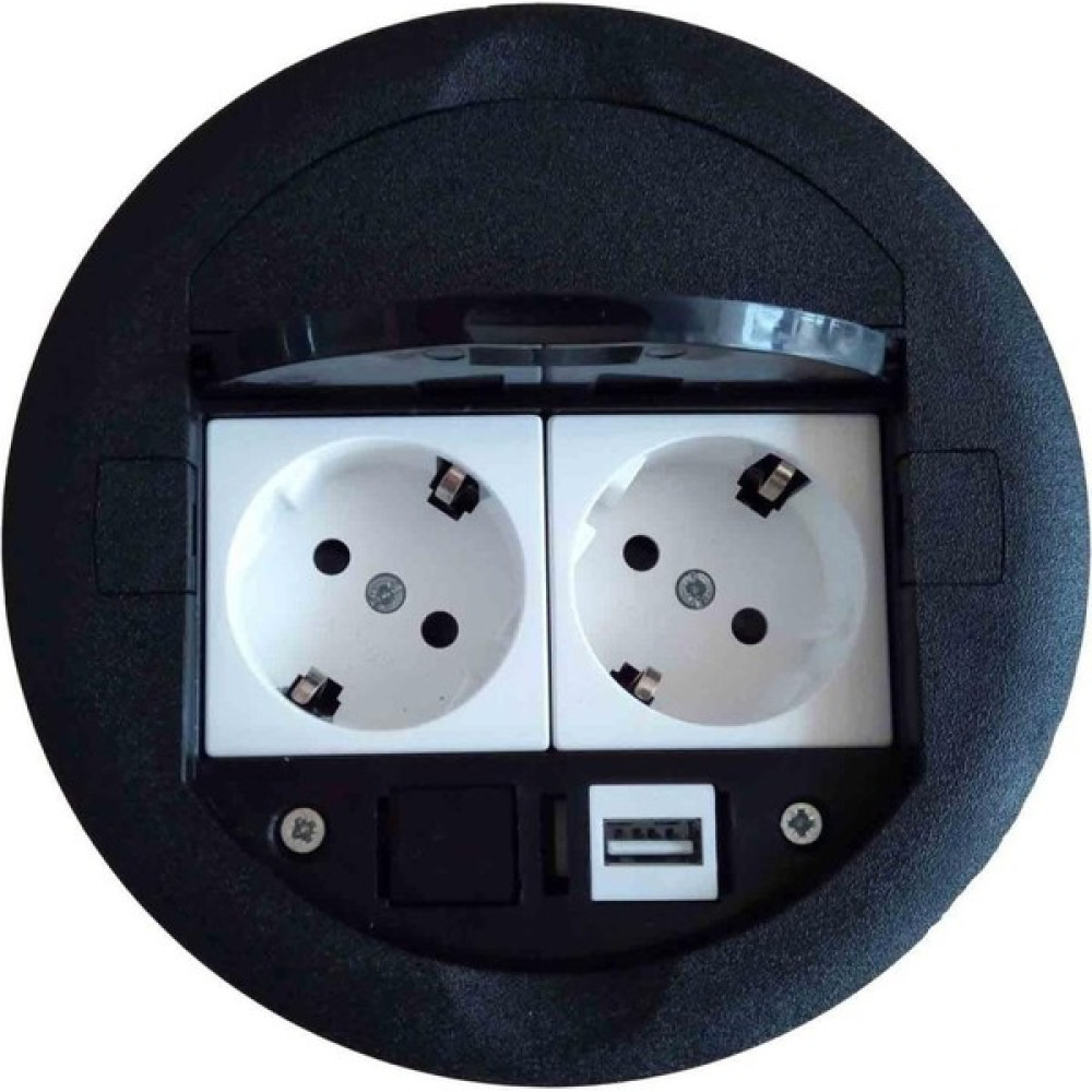 YKA Masa Üstü Priz Kutusu Gömme Tip Siyah + 2 Ad. Priz + 1 Ad. USB Geçiş - 2 Adet Prizler Fiyatı