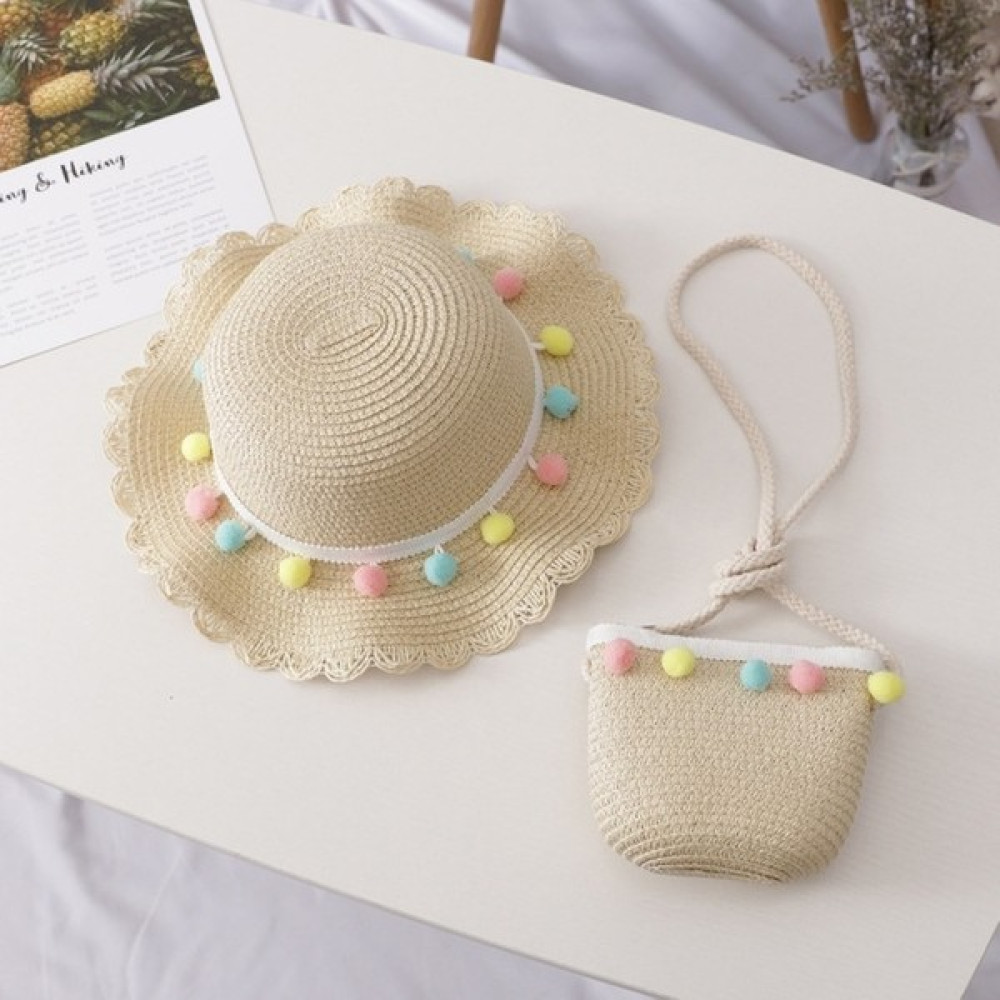YKD Store Kız Yazlık Hasır Örgülü Güneş Şapkası + Küçük Çanta Seti Renkli Top Bej (Yurt Dışından) Bebek Şapkası Fiyatı
