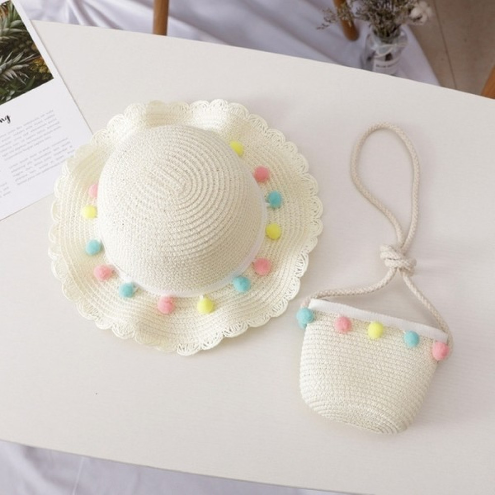 YKD Store Kız Yazlık Hasır Örgülü Güneş Şapkası + Küçük Çanta Seti Renkli Top Beyaz (Yurt Dışından) Bebek Şapkası Fiyatı