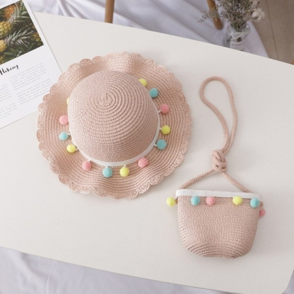 YKD Store Kız Yazlık Hasır Örgülü Güneş Şapkası + Küçük Çanta Seti Renkli Top Pembe (Yurt Dışından) Bebek Şapkası Fiyatı