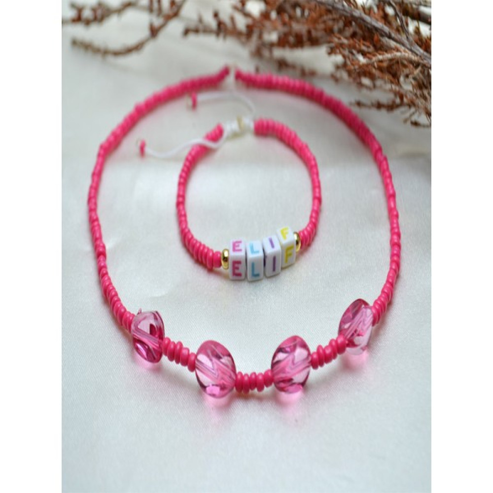 Y&M Perla Accessories Çocuk Seri Pembe Kum Boncuk Kolye ve Isimli Bileklik Kombin Altın, Takı & Aksesuar Fiyatı