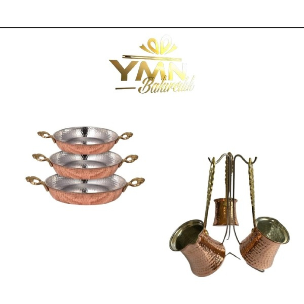 Ymn Bakırcılık Bakır 3 Boy Tava Seti 14-16-18 cm + 3 Boy Bakır Cezve Seti 2-3-4 Fincanlık Tavalar Fiyatı