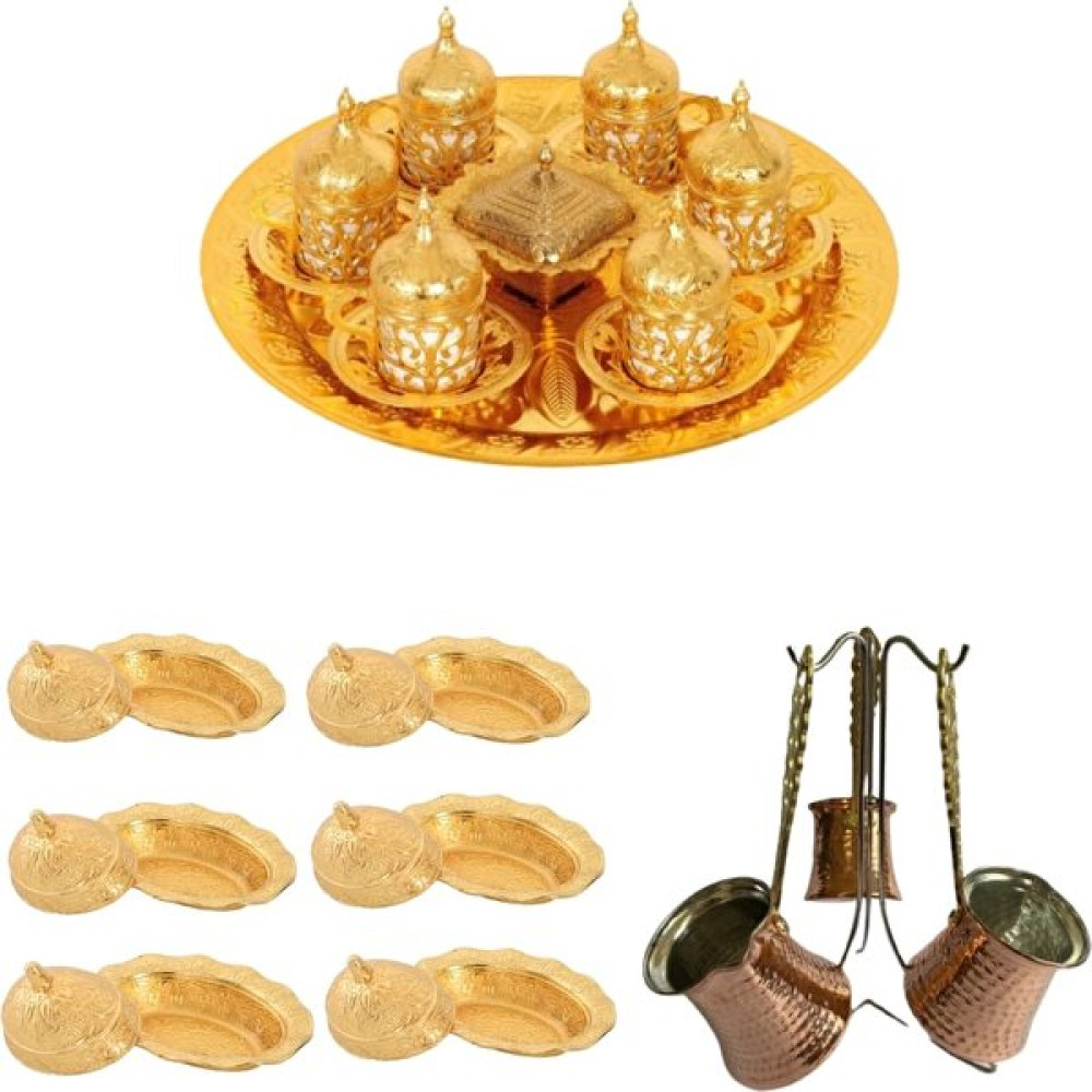 Ymn Bakırcılık Gold 6 Kişilik Fincan Takımı + Şekerlik + Tepsi + Bakır Cezve Seti 3 Boy + Lokumluk 6 Adet Fincan / Bardak / Kahve Takımı Fiyatı