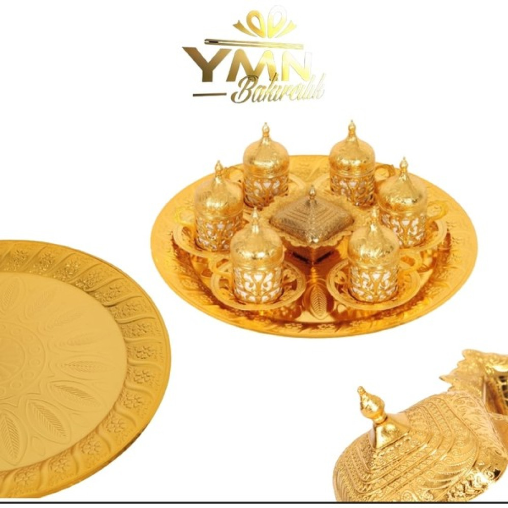 Ymn Bakırcılık Gold 6 Kişilik Fincan Takımı Tepsi Şekerlik Fincan / Bardak / Kahve Takımı Fiyatı