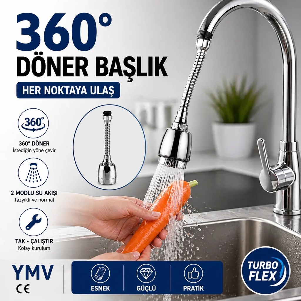 YMV 360 Derece Döner Fonksiyonlu Mutfak Lavabo Batarya Musluk Başlığı Esnek Turbo Flex Su Tasarruflu Musluk Ucu - Krom Bataryalar & Musluklar Fiyatı