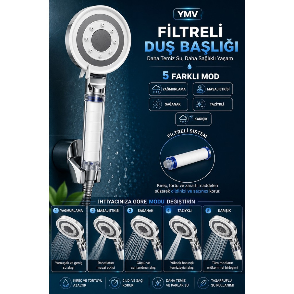 YMV 5 Fonksiyonlu Filtreli Duş Başlığı Kireç ve Klor Önleyici Yüksek Basınçlı Su Tasarruflu Banyo Duşu - Krom SSD / Solid State Drive Fiyatı