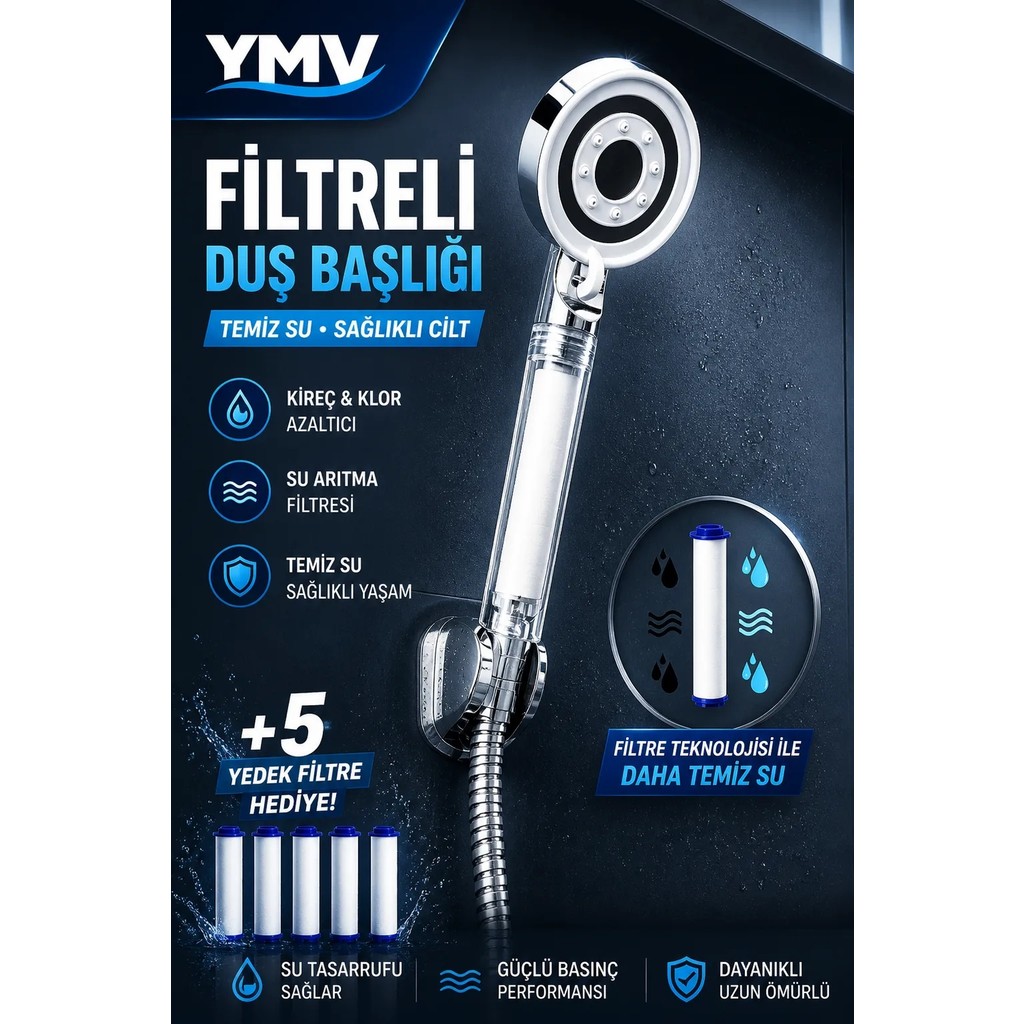 YMV Filtreli Kireç Arındırıcı Duş Banyo Başlığı 5 Adet Yedek Filtreli Yüksek Basınçlı Su Tasarruflu Duş Başlığı - Beyaz Diğer Fiyatı