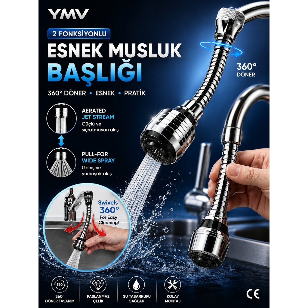 YMV Tasarruflu Musluk Başlığı Esnek Yapı 360° Hareketli 2 Fonksiyonlu Mutfak Lavabo Batarya Çeşme Başlık - Krom Bataryalar & Musluklar Fiyatı