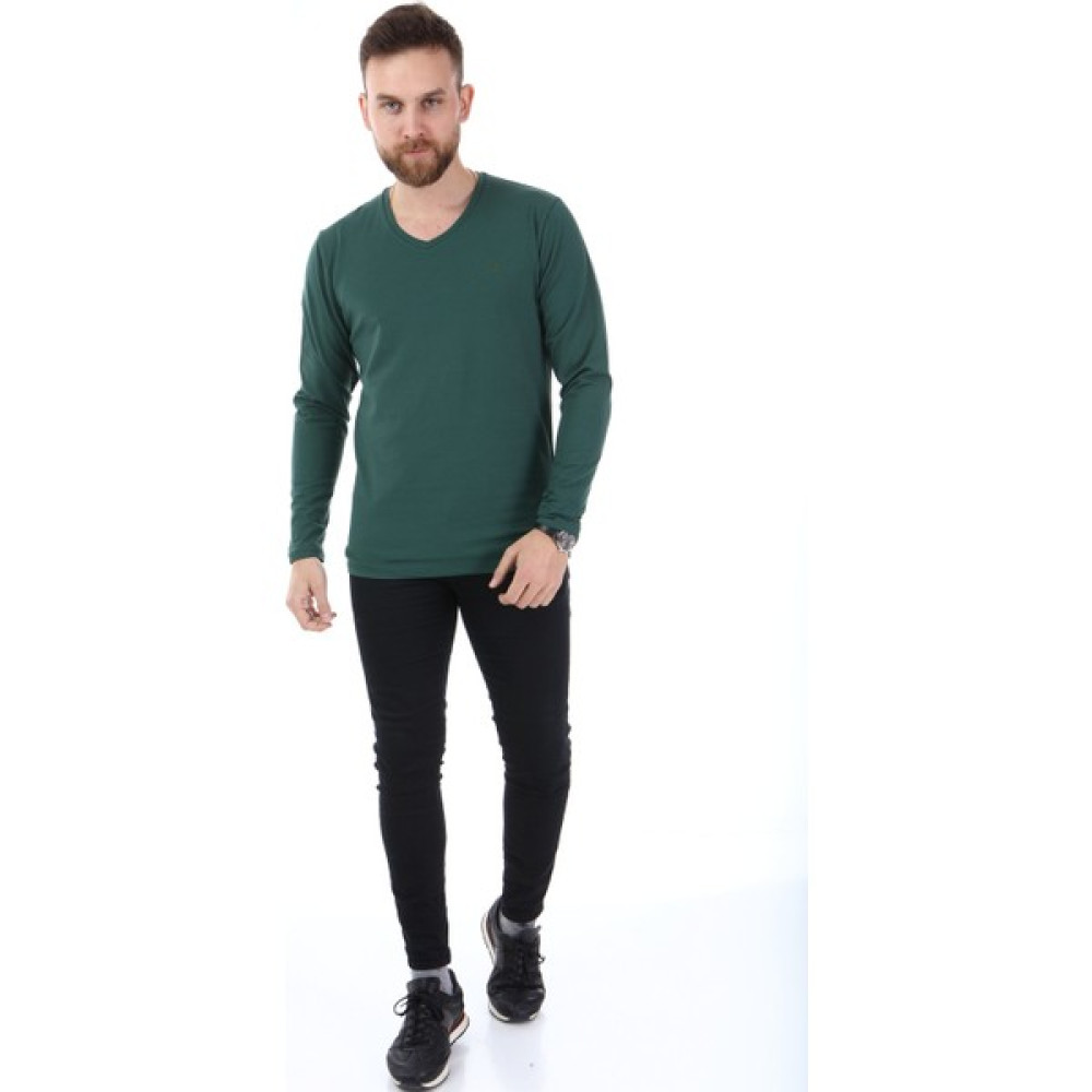 Ymz Moda Uzun Kol V Yaka T-Shirt- Yeşil Erkek T-shirt Fiyatı