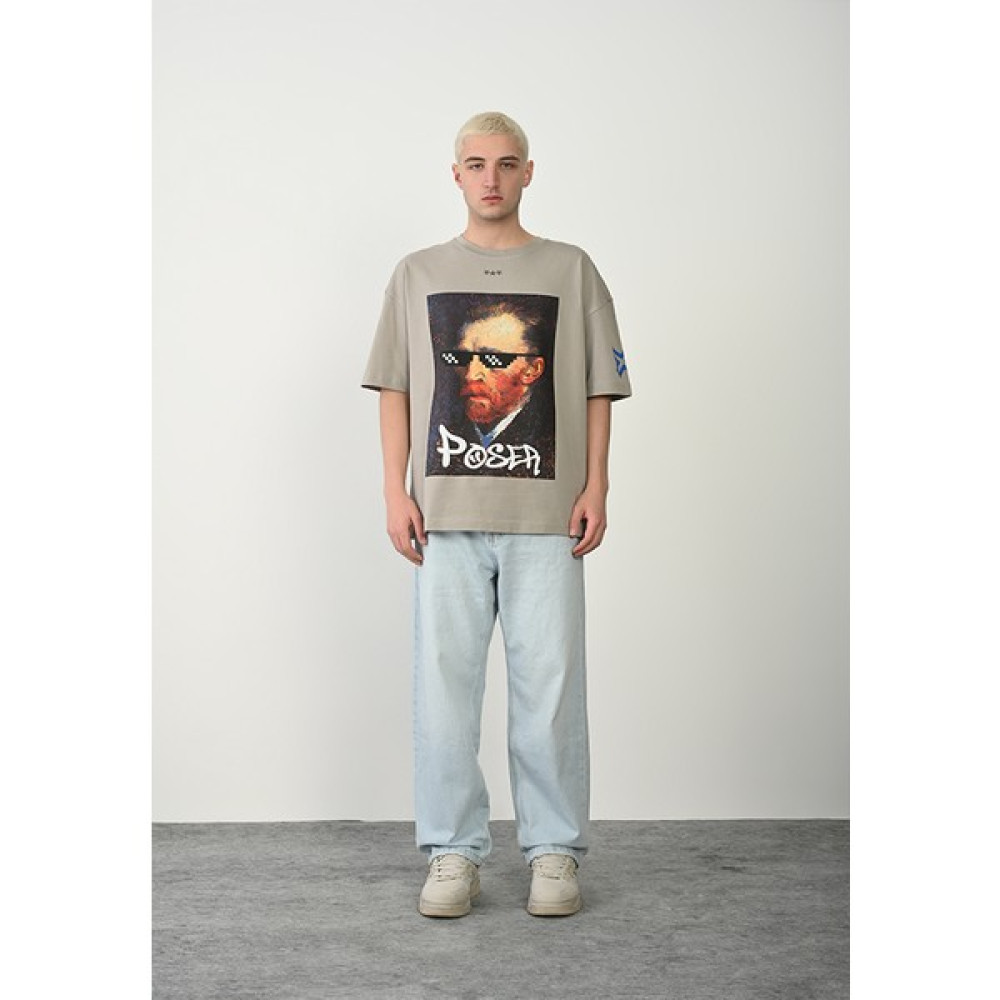 Yobi Bisiklet Yaka Oversize Unisex Açık Gri Renk T-Shirt Erkek T-shirt Fiyatı