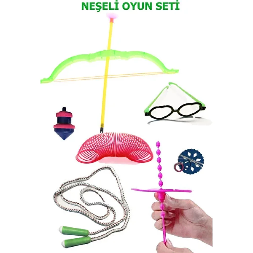 Yoko Toys Neşeli Oyun Seti - Uçan Pervane / Atlama Ipi / Ok Yay / Ipli Fırfır / Stres Yayı / Topaç / Gözlük - 1 Oyun Seti Fiyatı