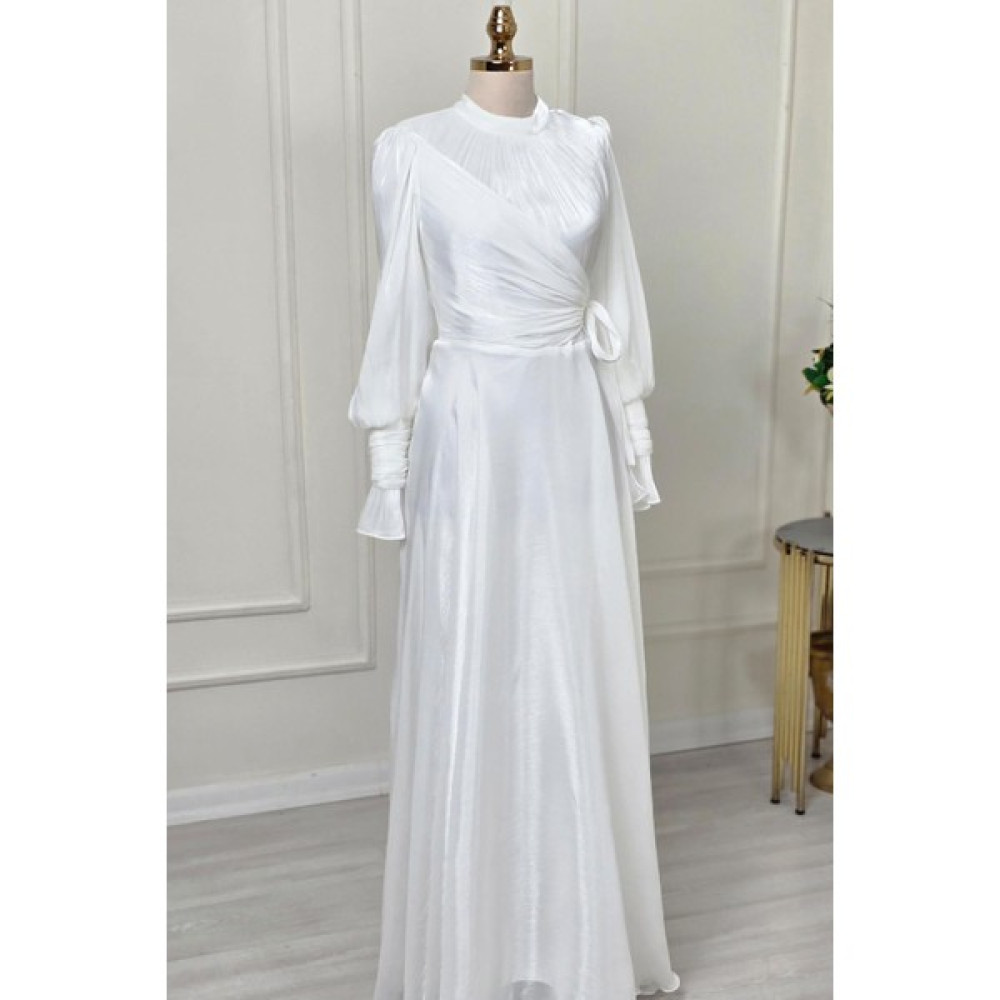 Yonca Moda Evi Store Beyaz Ön Detaylı Kollar Fırfırlı Abiye 4805 Elbise Fiyatı
