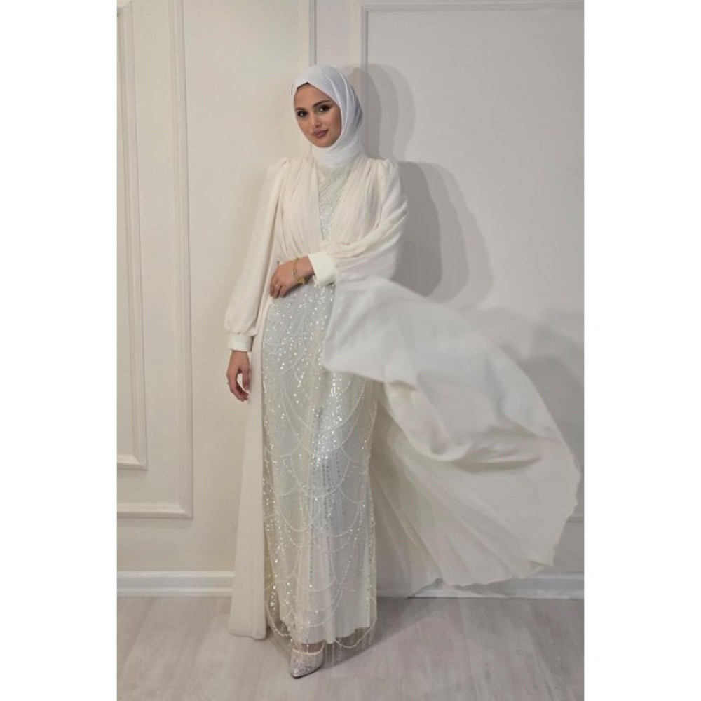 Yonca Moda Evi Store Beyaz Şifon Boncuklu Abiye 4630 Elbise Fiyatı