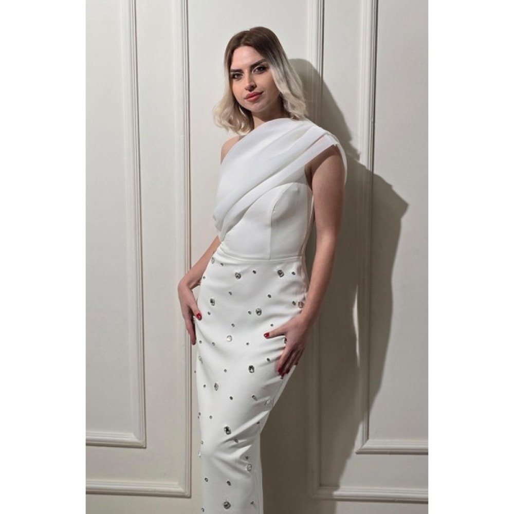 Yonca Moda Evi Store Beyaz Taş Detaylı Tek Omuz Abiye 8305 Elbise Fiyatı
