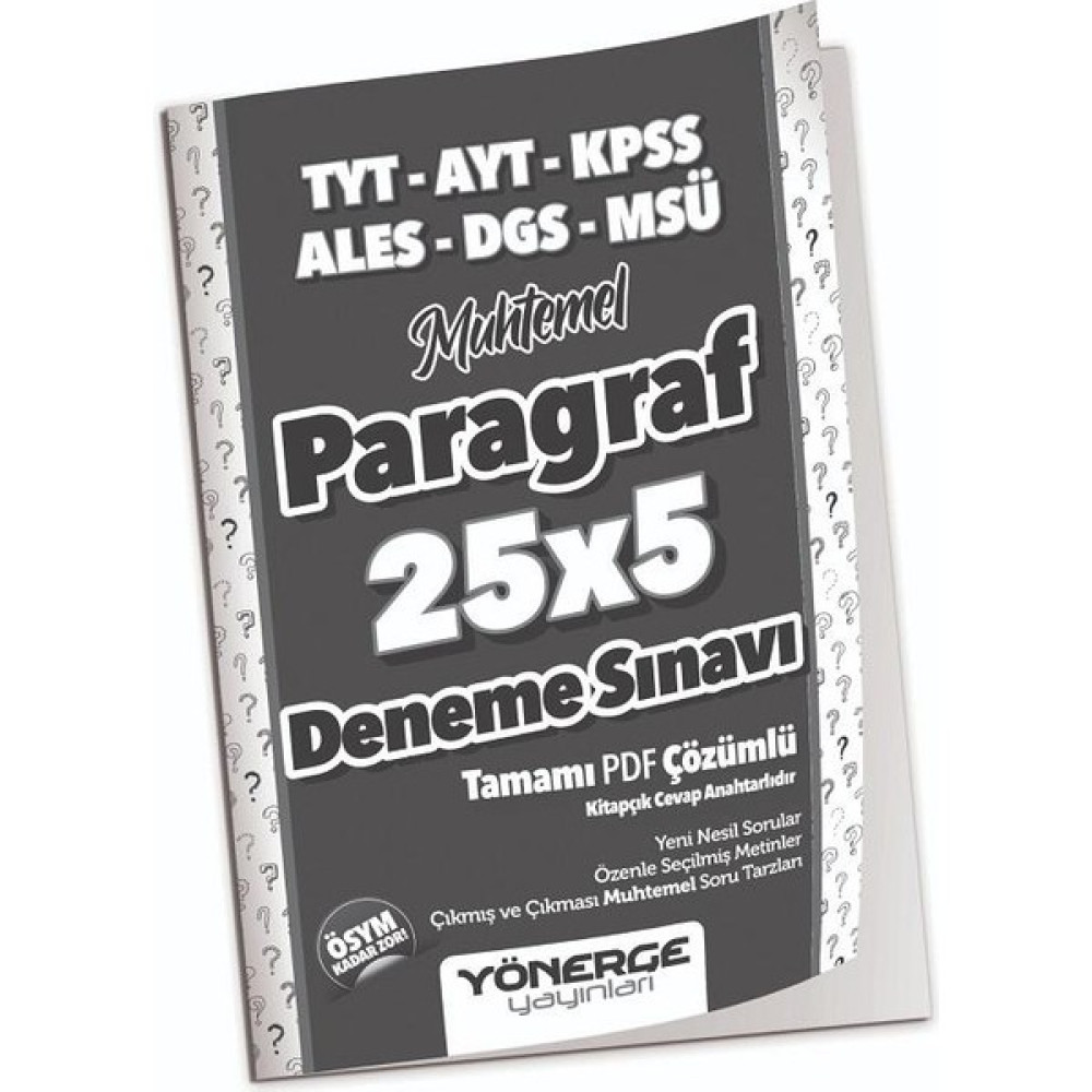 Yönerge Yayınları YKS TYT AYT Kpss Ales Dgs Msü Muhtemel Paragraf 25 x 5 Deneme Yönerge Yayınları Temel Yeterlilik Testi (TYT) Fiyatı