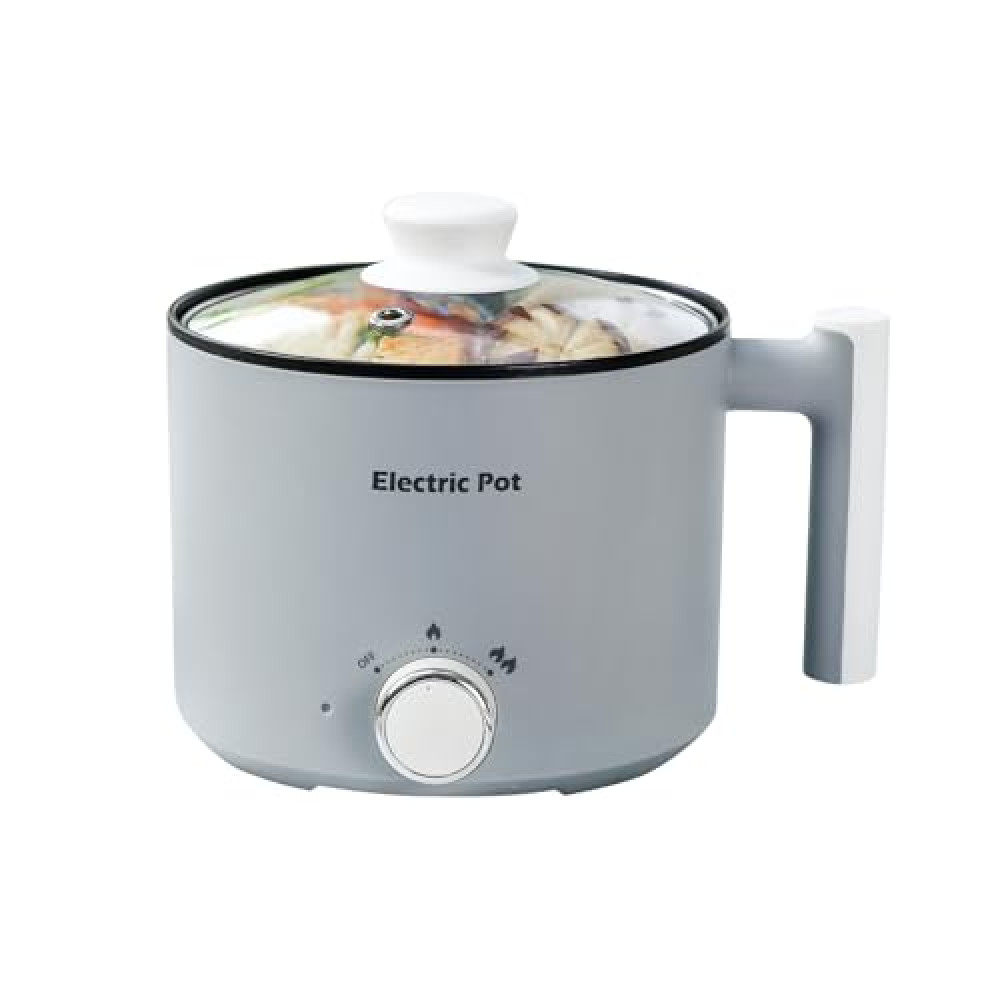 YOOLYQI Electric Hot Pot:1.5 L Ramen Cooker, Dual Power Mini Portable Multi-Functional Lazy Pot for Pasta, Noodles, Egg, Soup, Non-Stick Noodle Cooker with Boil Dry Protection for Dorm, Office (Grey)