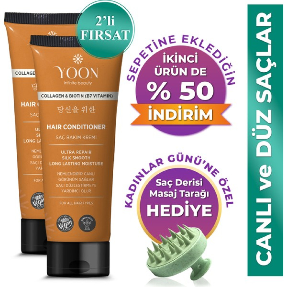 Yoon 2'li Biotin B7 ve Kolajen Içeren Vegan Saç Kremi Besleyici ve Onarıcı Saç Bakım Kremi 2 Adet x 200ML Şampuan ve Saç Kremi Fiyatı