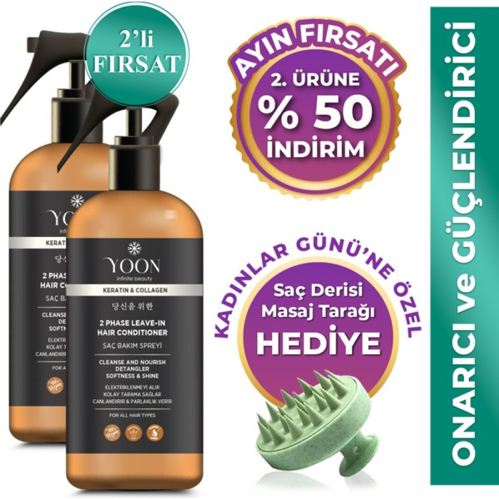 Yoon 2'li Kolay Tarama Elektriklenme Karşıtı Kolajen ve Kerantinli Vegan Saç Bakım Spreyi 2 Adet x 250ML Saç Bakım Maskeleri & Serumlar & Spreyler Fiyatı
