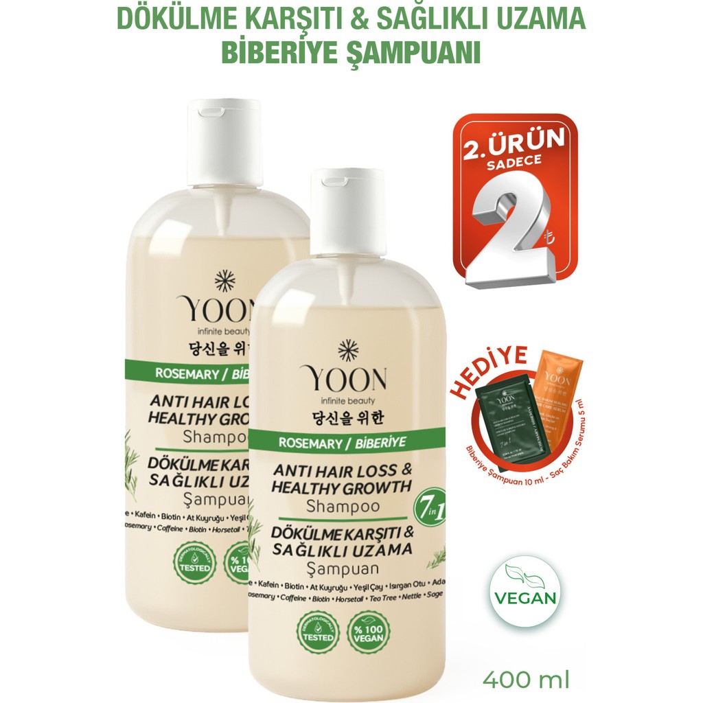 YOON 2'li Set Hızlı Saç Uzatma ve Saç Dökülme Karşıtı, 7 Aktifli Biberiyeli Tuzsuz Şampuan 400 ml x 2 adet Saç Dökülmesine Karşı Ürünler Fiyatı
