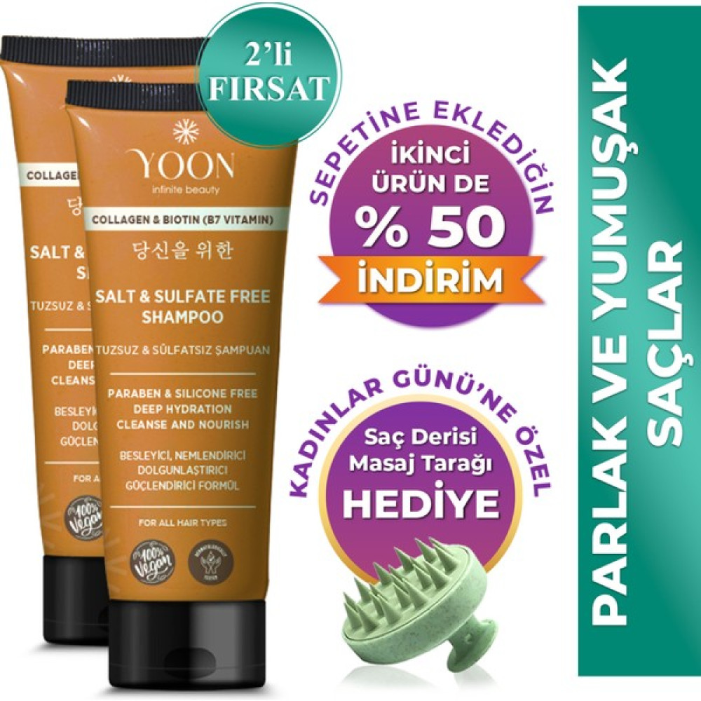 Yoon 2'li Sülfatsız ve Tuzsuz Şampuan, Kolajen Biotin B7 Içerikli Parabensiz Vegan Şampuan 2 Adet x 250ML Şampuan ve Saç Kremi Fiyatı