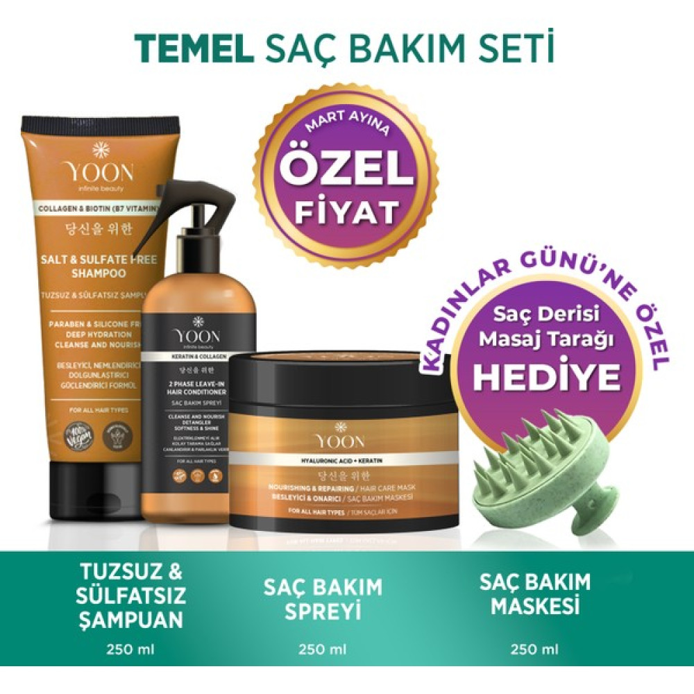 Yoon 3'lü Onarıcı Saç Bakım Seti, Tuzsuz Şampuan 250ML, Saç Bakım Spreyi 200ML, Saç Bakım Maskesi 250ML Saç Bakım Maskeleri & Serumlar & Spreyler Fiyatı