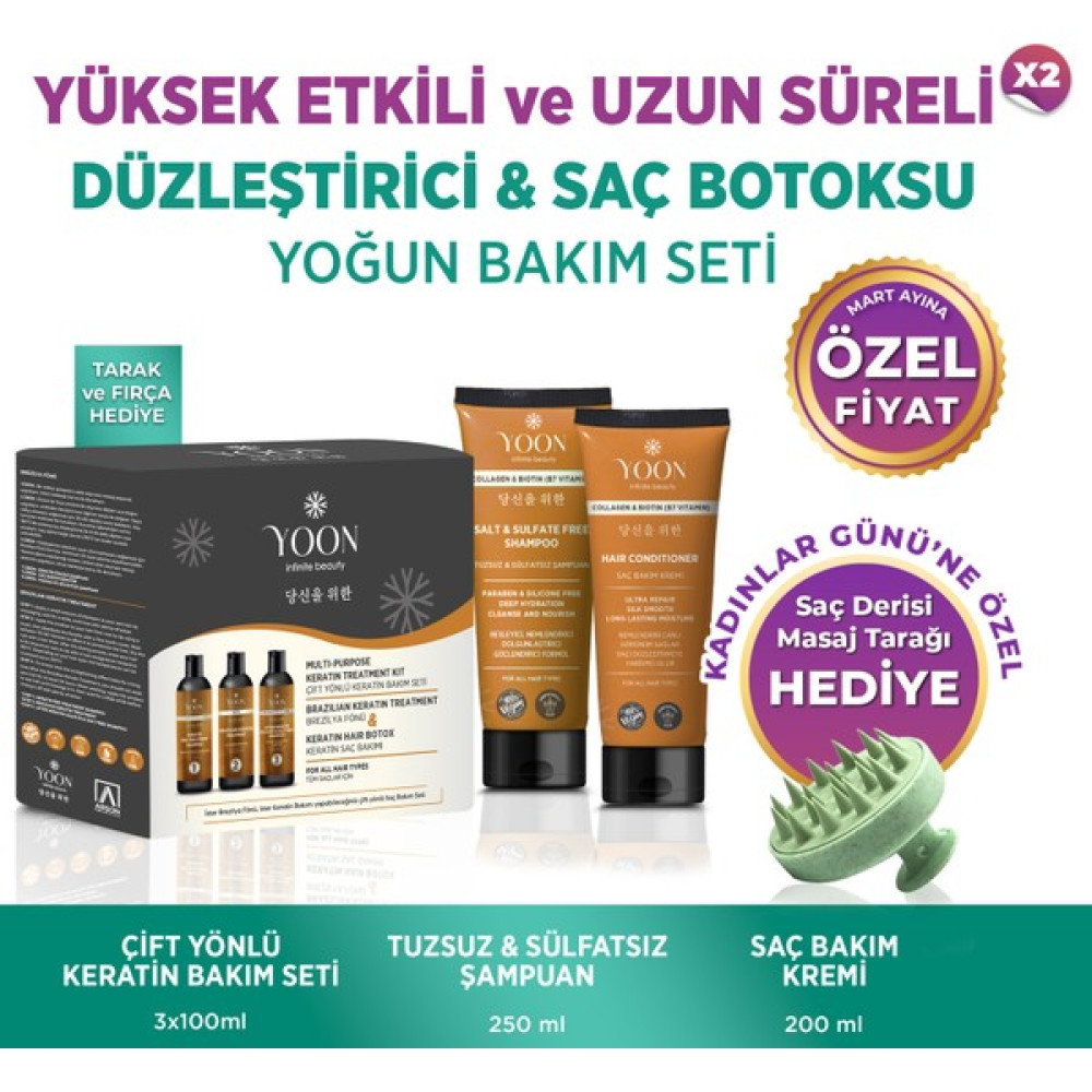Yoon 3'lü Uzun Süren Düzleştirici & Saç Botoxu Kiti, Tuzsuz Şampuan 250ML, Saç Kremi 200ML Saç Bakım Seti Saç Bakım Maskeleri & Serumlar & Spreyler Fiyatı