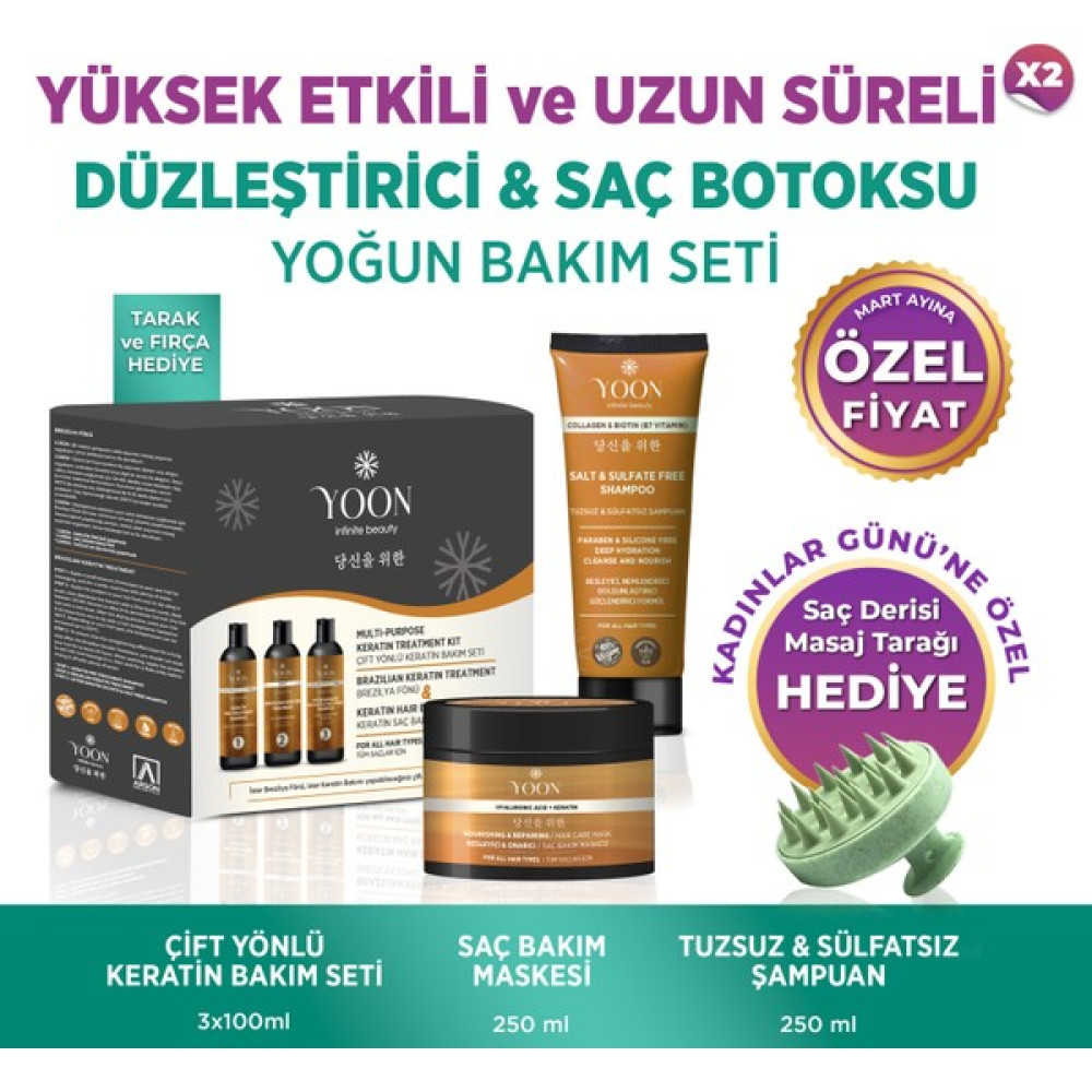 Yoon 3'lü Uzun Süren Düzleştirici & Saç Botoxu Kiti Tuzsuz Şampuan 250ML Saç Maskesi 250ML Saç Bakım Seti Saç Bakım Maskeleri & Serumlar & Spreyler Fiyatı
