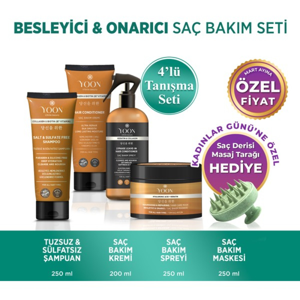 Yoon 4lü Besleyici Ve Onarıcı Saç Bakım Seti Tuzsuz Şampuan, Saç Bakım Spreyi, Bakım Maskesi, Bakım Kremi Saç Bakım Maskeleri & Serumlar & Spreyler Fiyatı