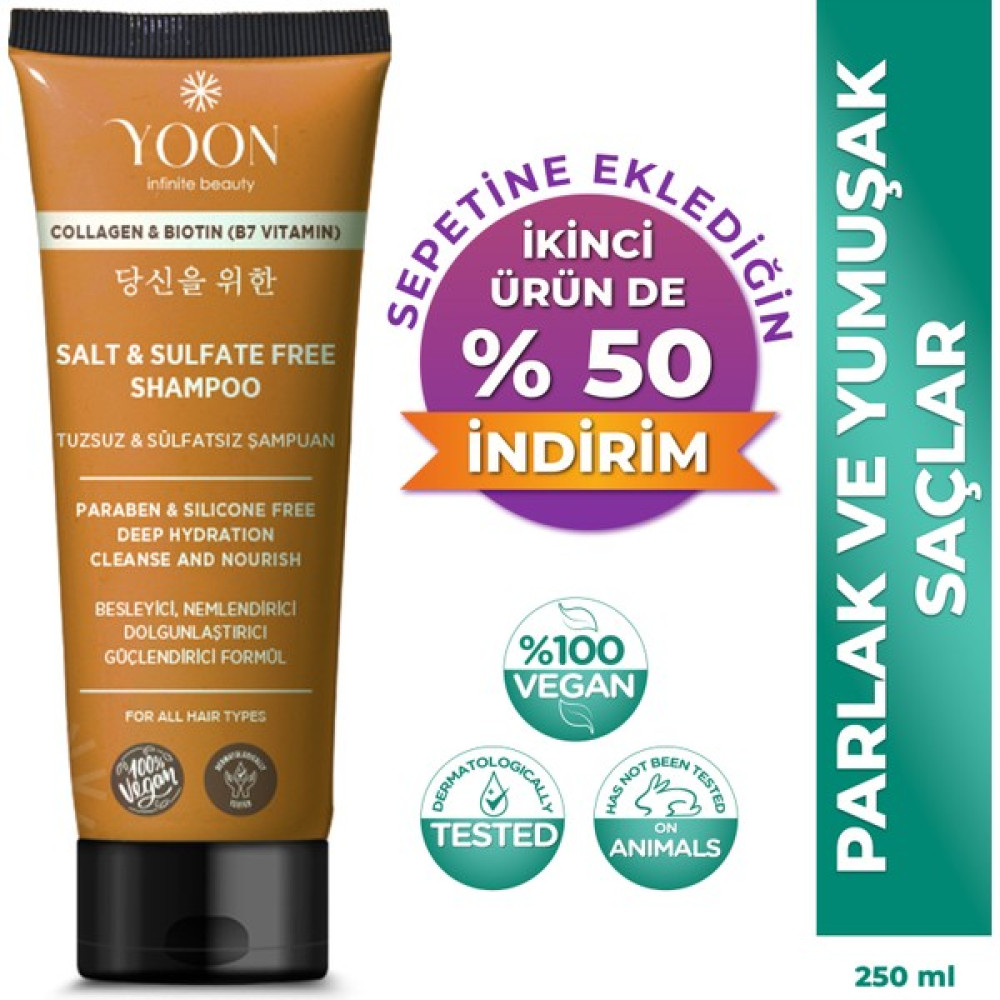 Yoon Sülfatsız ve Tuzsuz Şampuan, Kolajen Biotin B7 İçerikli Parabensiz, Nemlendirici Vegan Şampuan 250 ml Şampuan ve Saç Kremi Fiyatı