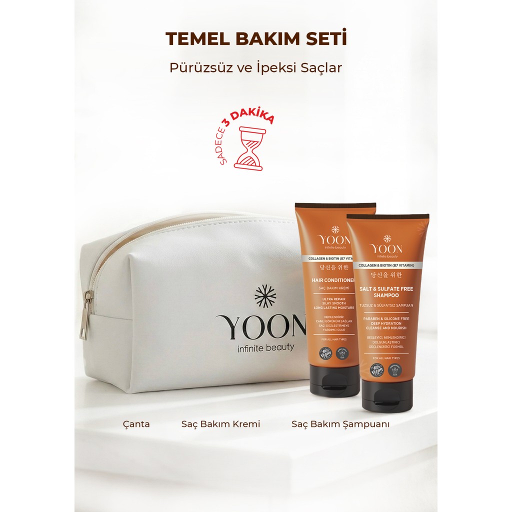 Yoon Tuzsuz Sülfatsız Şampuan 250ML, Saç Bakım Kremi 200 Ml, Bakım Çantası, Paraben ve Silikon Içermez Şampuan ve Saç Kremi Fiyatı