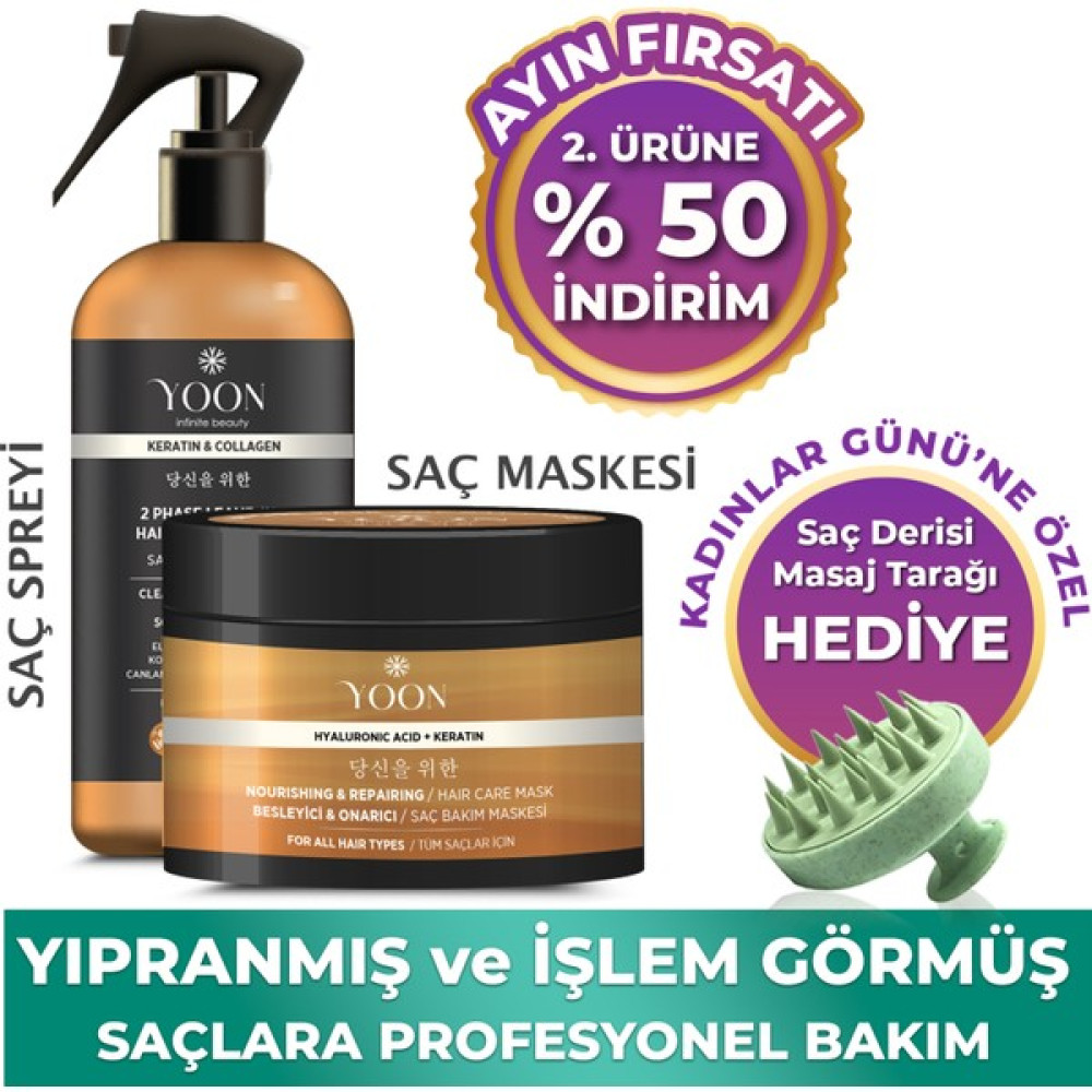 Yoon Vegan Saç Bakım Spreyi & Maskesi 250ML, Hyaluronik Asit, Keratin, Kolajen ve B7 Biotinli 2'li Set Saç Bakım Maskeleri & Serumlar & Spreyler Fiyatı