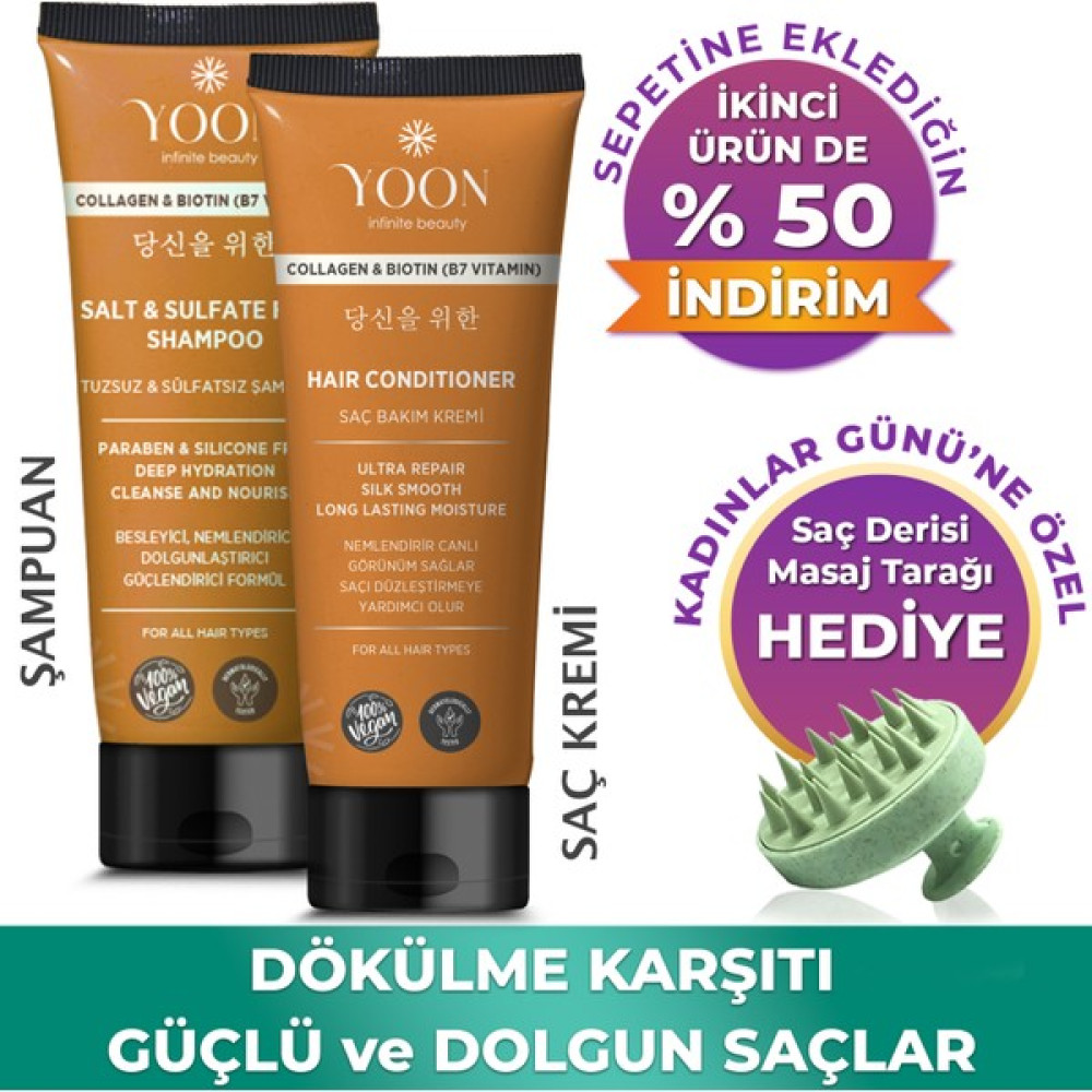 Yoon Vegan Tuzsuz Şampuan 250ML & Saç Bakım Kremi 200ML Sülfatsız, Kolajen ve Biotinli 2'li Besleyici Set Şampuan ve Saç Kremi Fiyatı