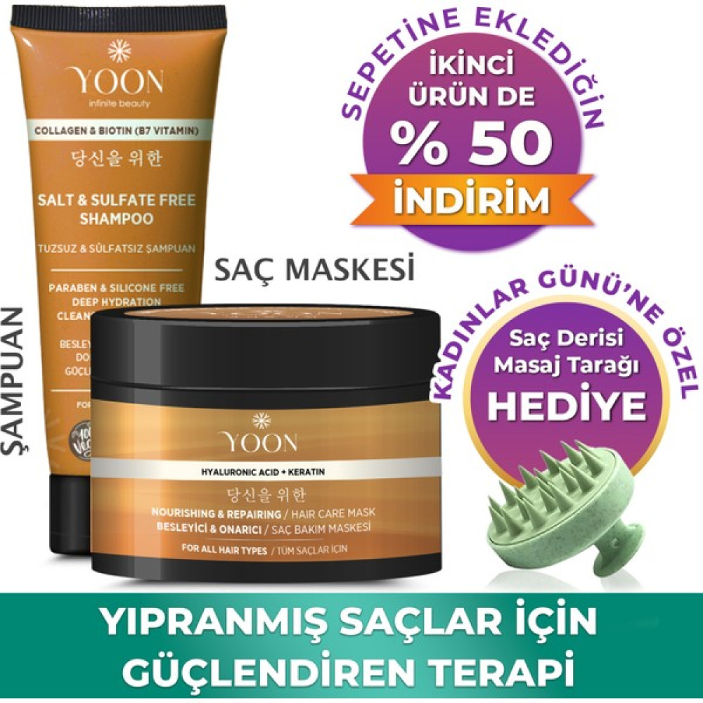 Yoon Vegan Tuzsuz Şampuan & Saç Bakım Maskesi 250ML, Hyaluronik Asit, Keratin, Kolajen ve Biotin 2'li Set Şampuan ve Saç Kremi Fiyatı