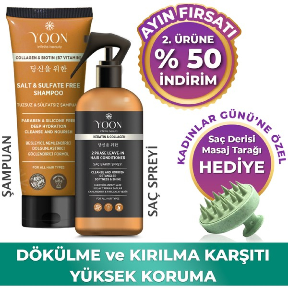 Yoon Vegan Tuzsuz Şampuan & Saç Bakım Spreyi 250ML, Keratin, Kolajen ve B7 Biotinli 2'li Besleyici Set Şampuan ve Saç Kremi Fiyatı