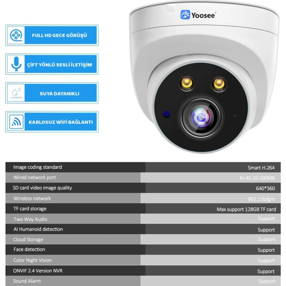 Yoosee 1080P Hd Dome Ip Kamera Aı Yüz Hareket Algılama Wıfı Güvenlik Kamerası Rj-45 Kablolu Açık Video Gözetim Onvif Iki Yönlü Ses Güvenlik Kameraları Fiyatı